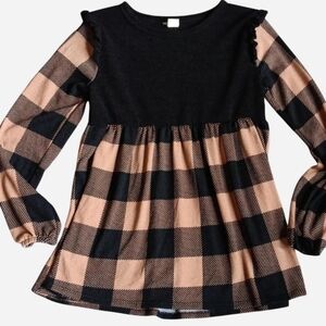 Checkered Fall Peasant Tunic Black & Brown, Ruffle Shoulder & Elastic Cuffs Long